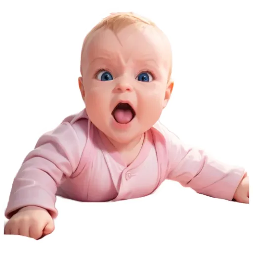 A sticker of a baby with wide open eyes and a mouth.