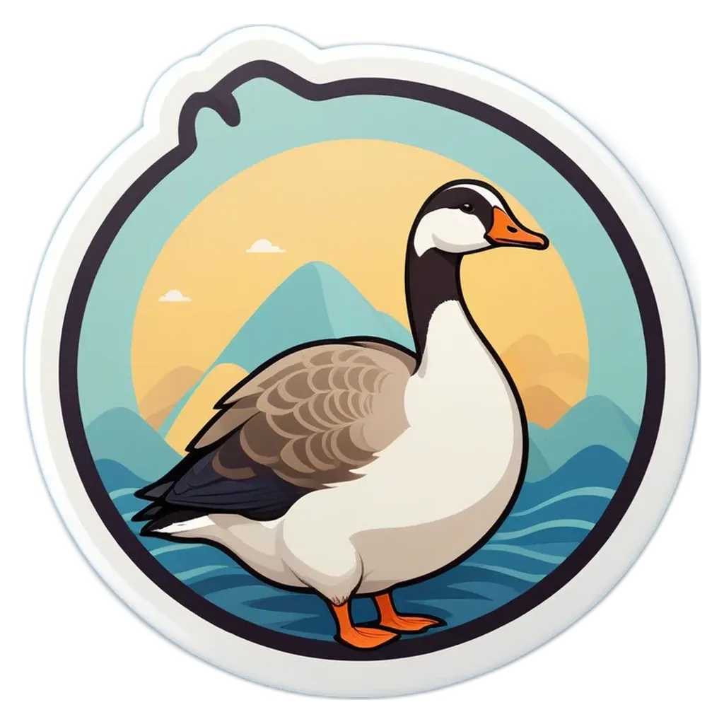 A cartoon of a goose in a circle of its head and body with mountains in the background.