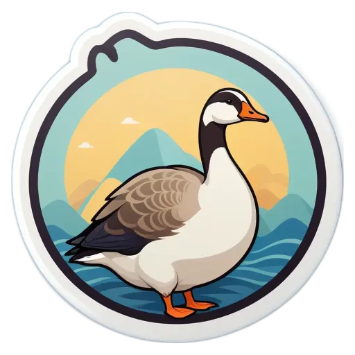 A cartoon of a goose in a circle of its head and body with mountains in the background.