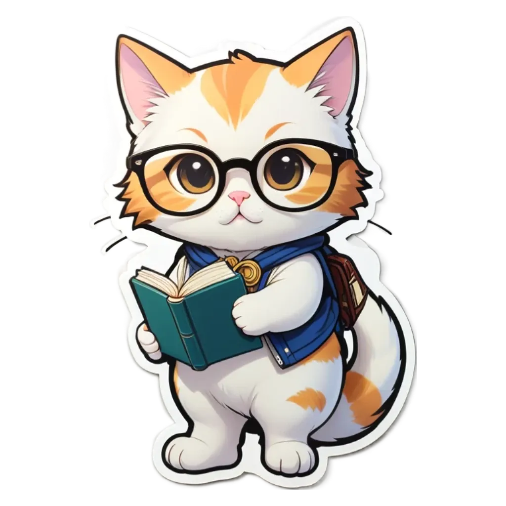 A cat wearing glasses and a blue jacket.