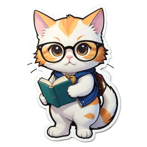 A cat wearing glasses and a blue jacket.