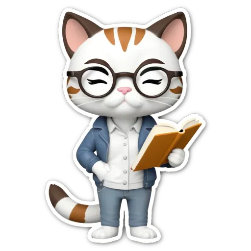 A sticker of a cat reading a book.