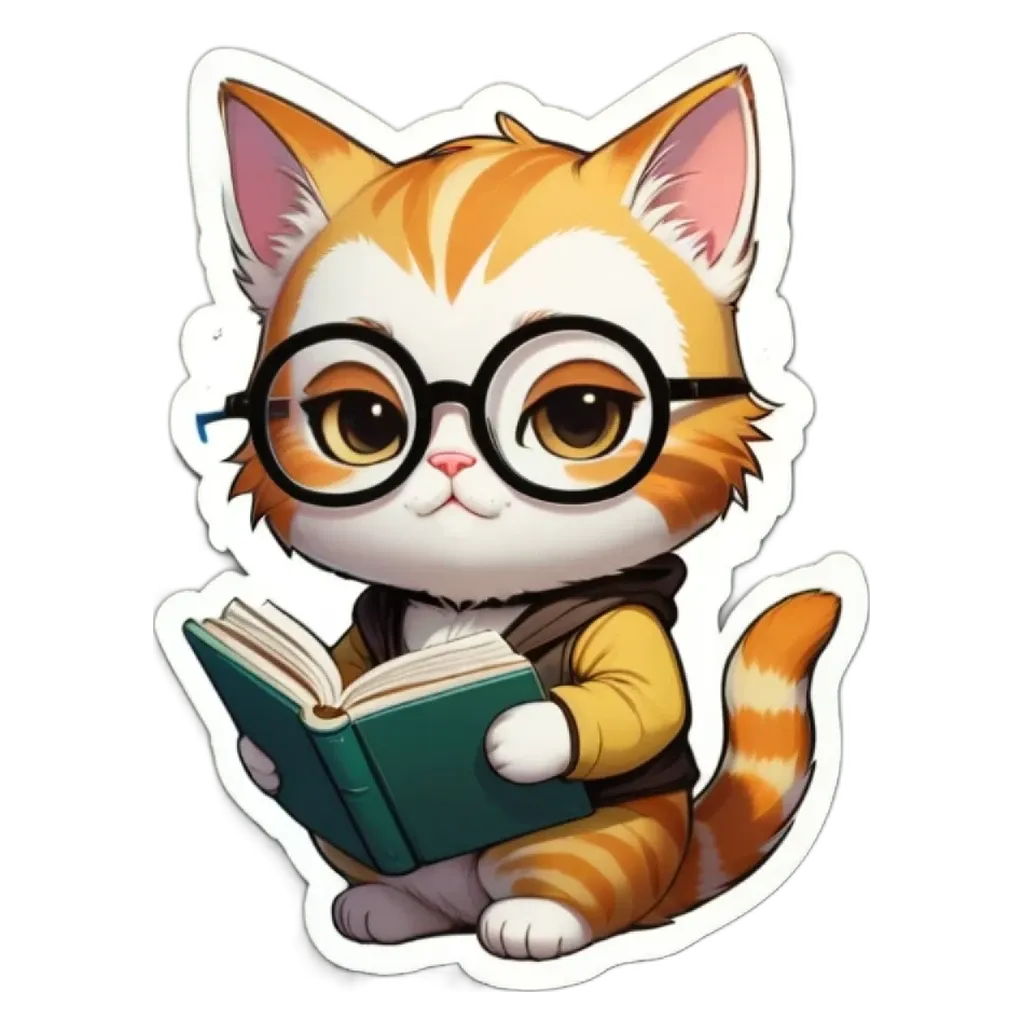 A cartoon cat reading a book is wearing glasses.