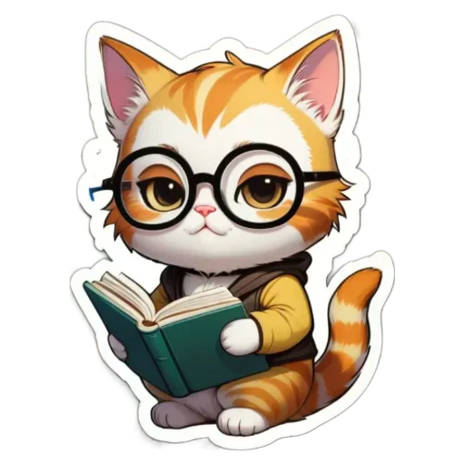 A cartoon cat reading a book is wearing glasses.