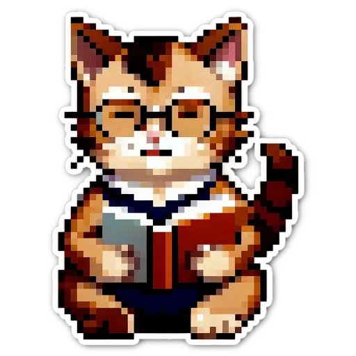 A cat wearing glasses and a shirt, with the image of a book to the left of it.