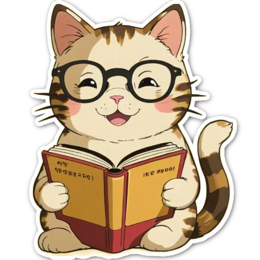 A cat wearing glasses and reading a book.