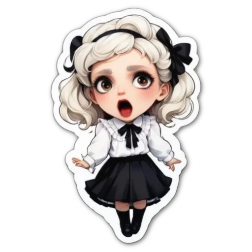 A white girl with black hair wearing a black and white dress with a bow in her hair.