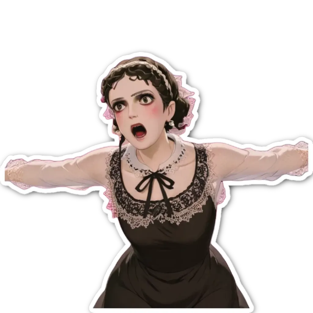 A woman in a black dress with white lace holding her arms up.
