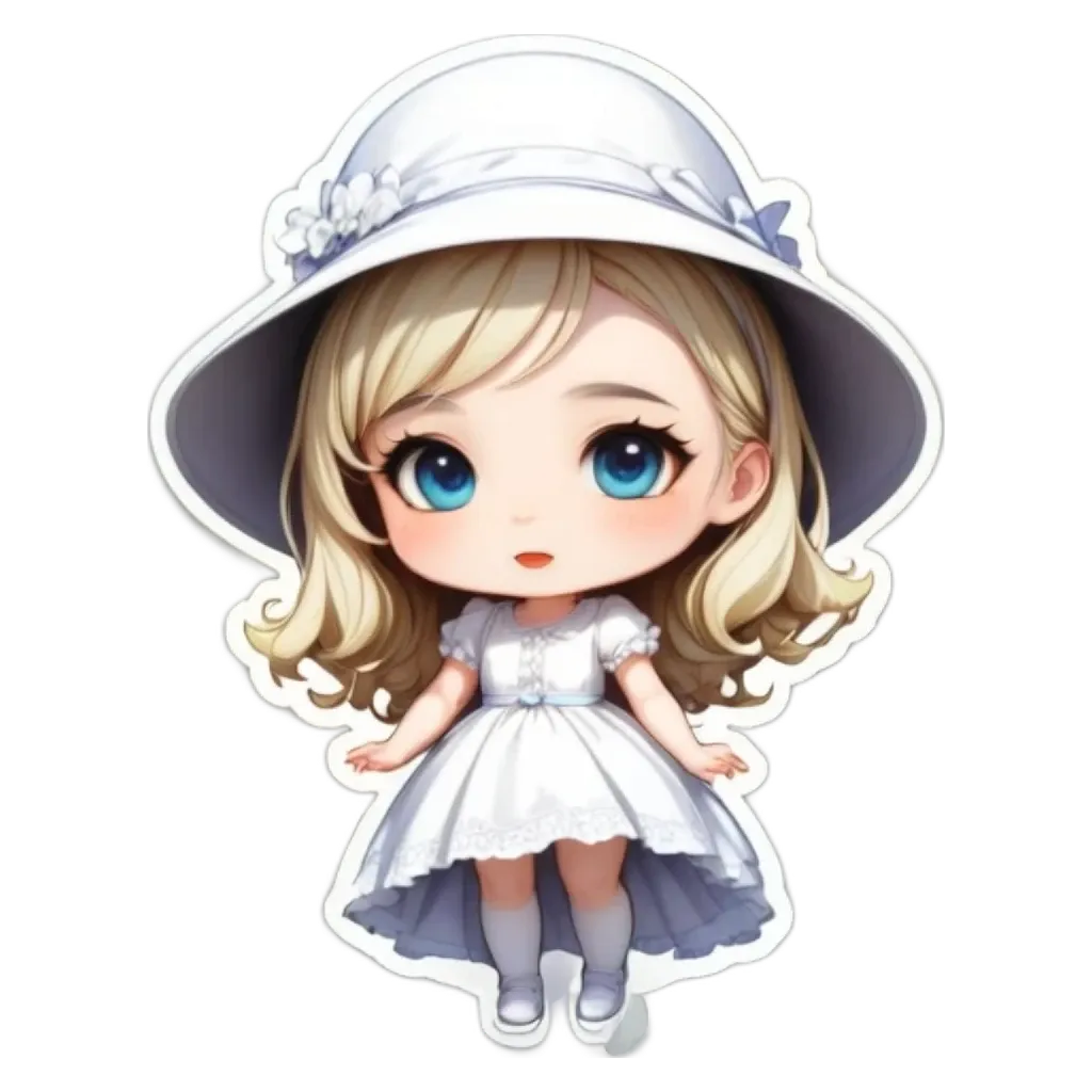 A girl is wearing a white dress and a white hat.