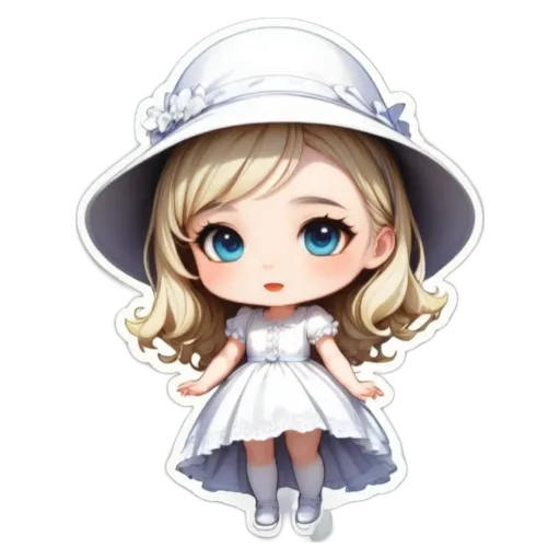A girl is wearing a white dress and a white hat.
