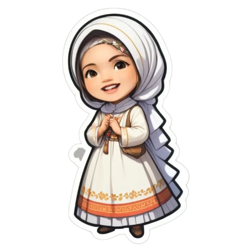 A cartoon girl wearing a white dress and a head scarf.