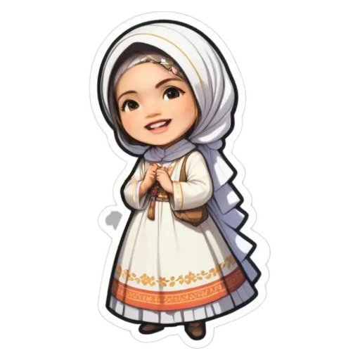 A cartoon girl wearing a white dress and a head scarf.