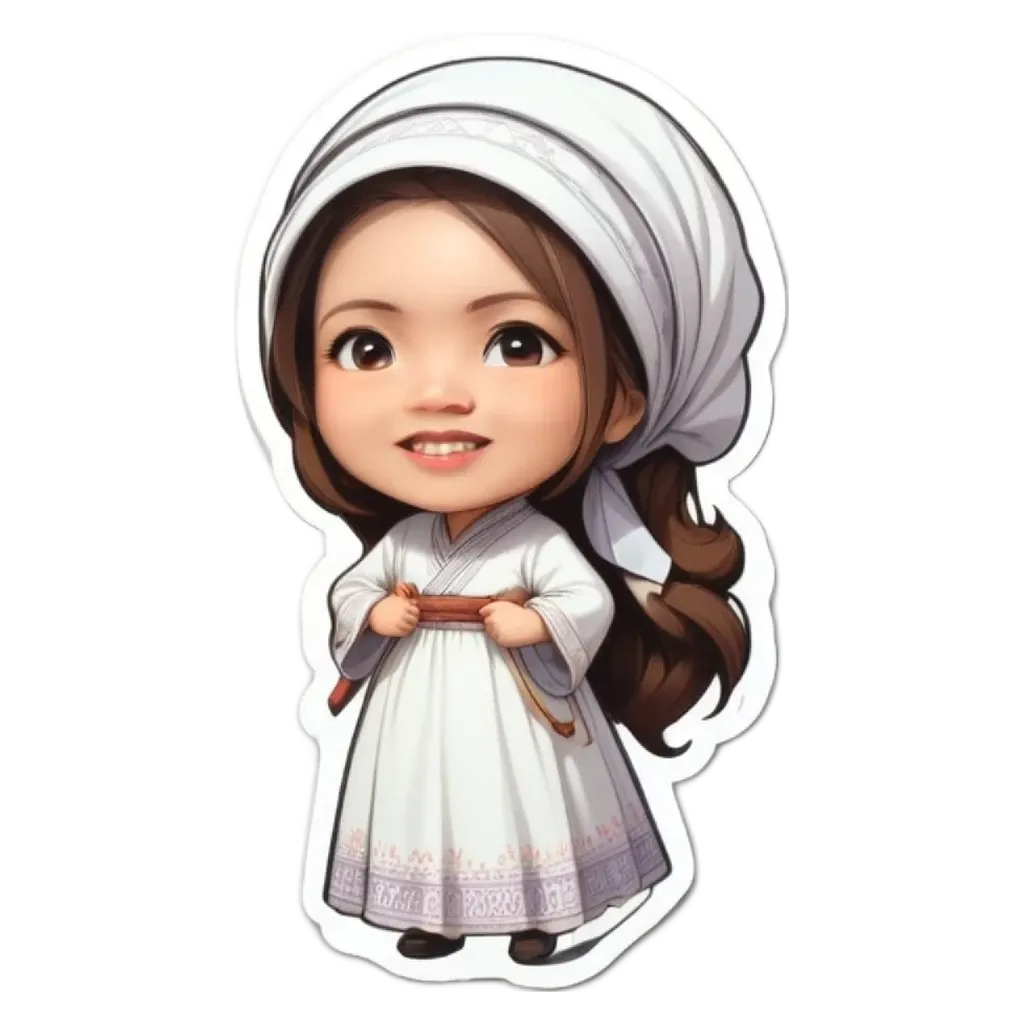 A girl wearing a white dress with a black ribbon in her hair.