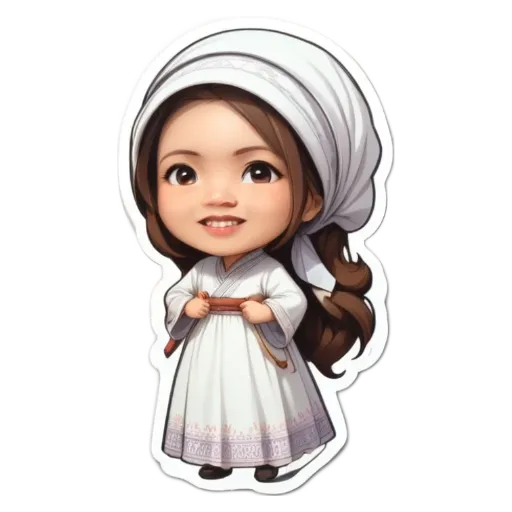 A girl wearing a white dress with a black ribbon in her hair.