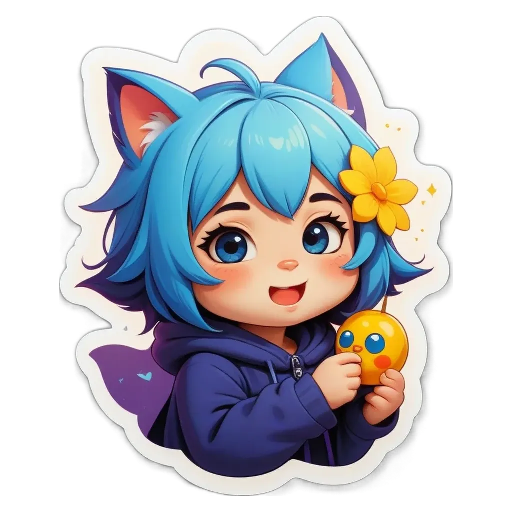 A blue cat with a yellow flower sticker is holding a yellow bird.