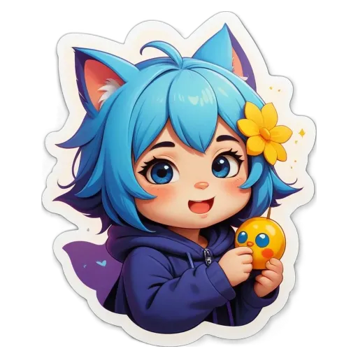 A blue cat with a yellow flower sticker is holding a yellow bird.