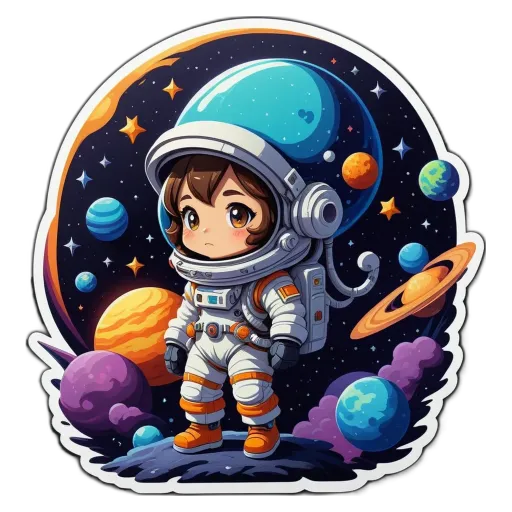 A cartoon girl is in space and wearing a helmet.