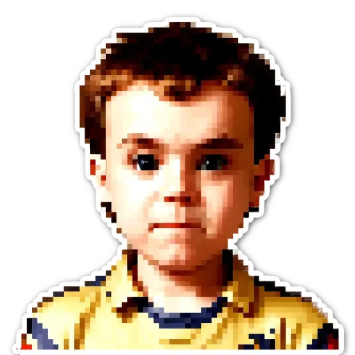 A boy with a yellow shirt and blue collar staring at the camera.