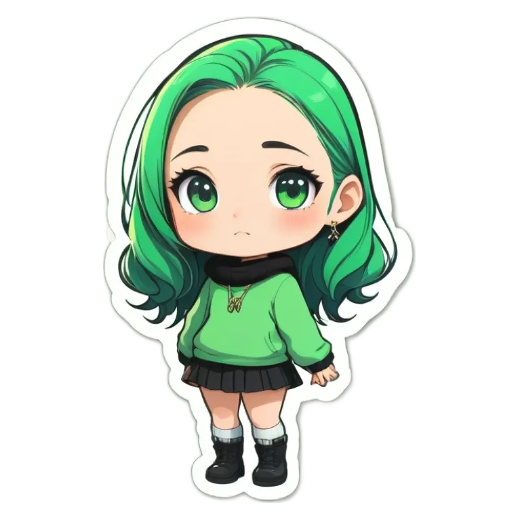 A girl with green hair and a black and white outfit is standing up.