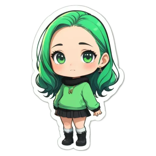 A girl with green hair and a black and white outfit is standing up.