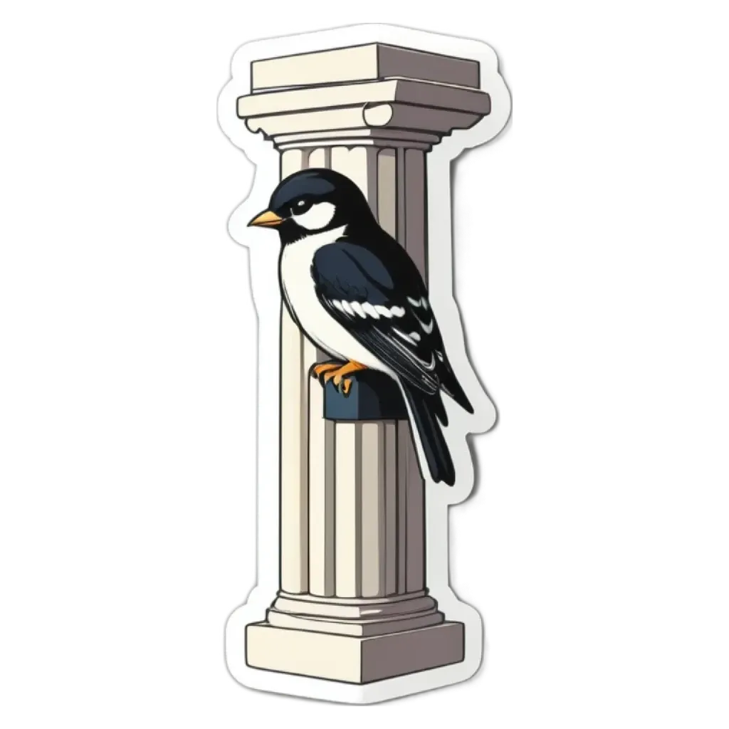 A bird is perched on the leg of the iconic symbol, the letter I.