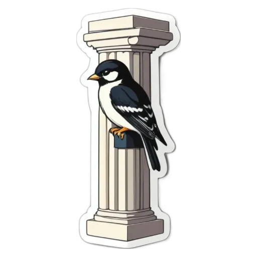A bird is perched on the leg of the iconic symbol, the letter I.