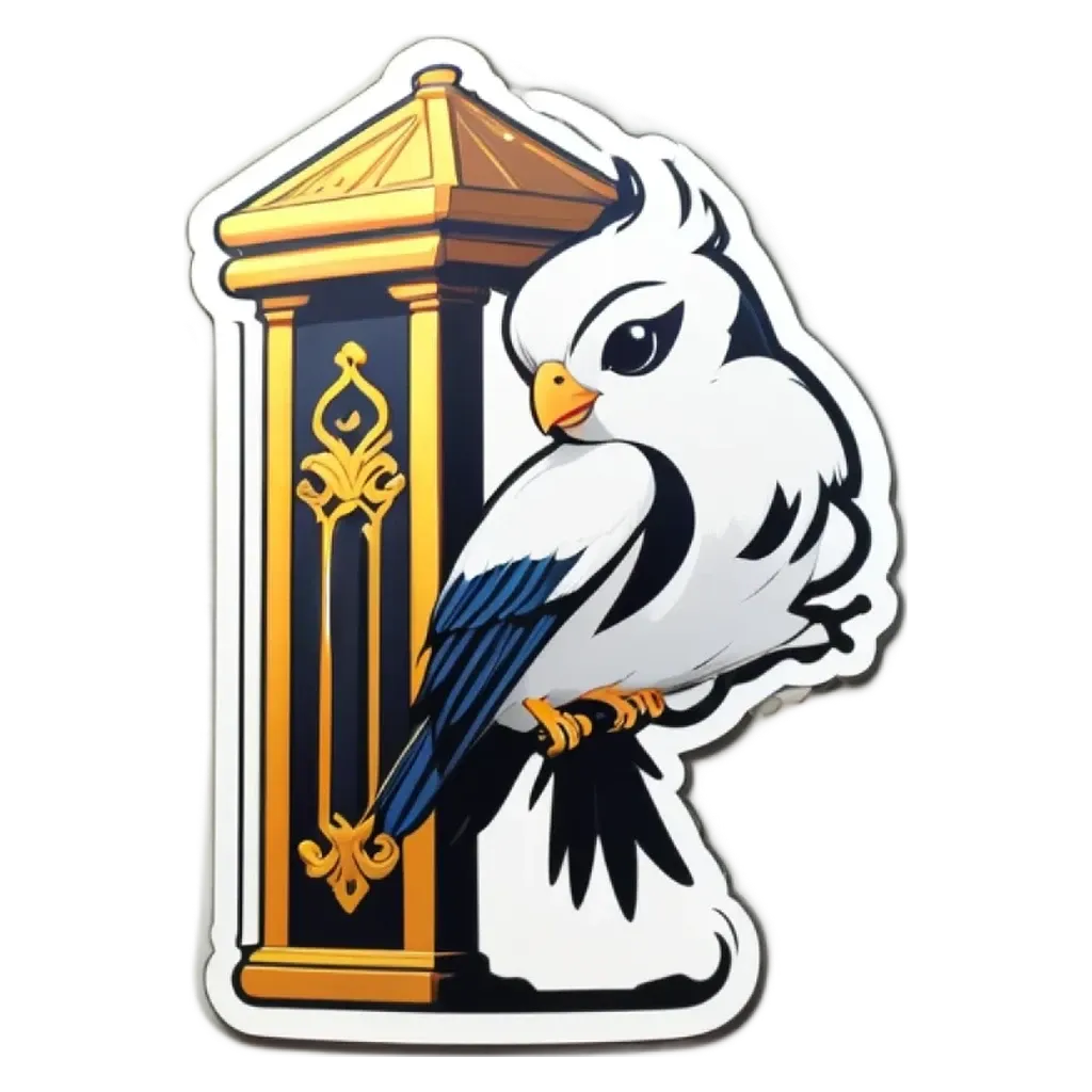 A white and blue bird is perched on a structure with a yellow and black design.