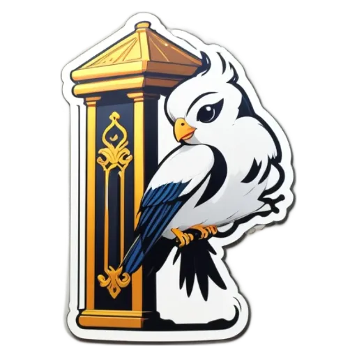 A white and blue bird is perched on a structure with a yellow and black design.