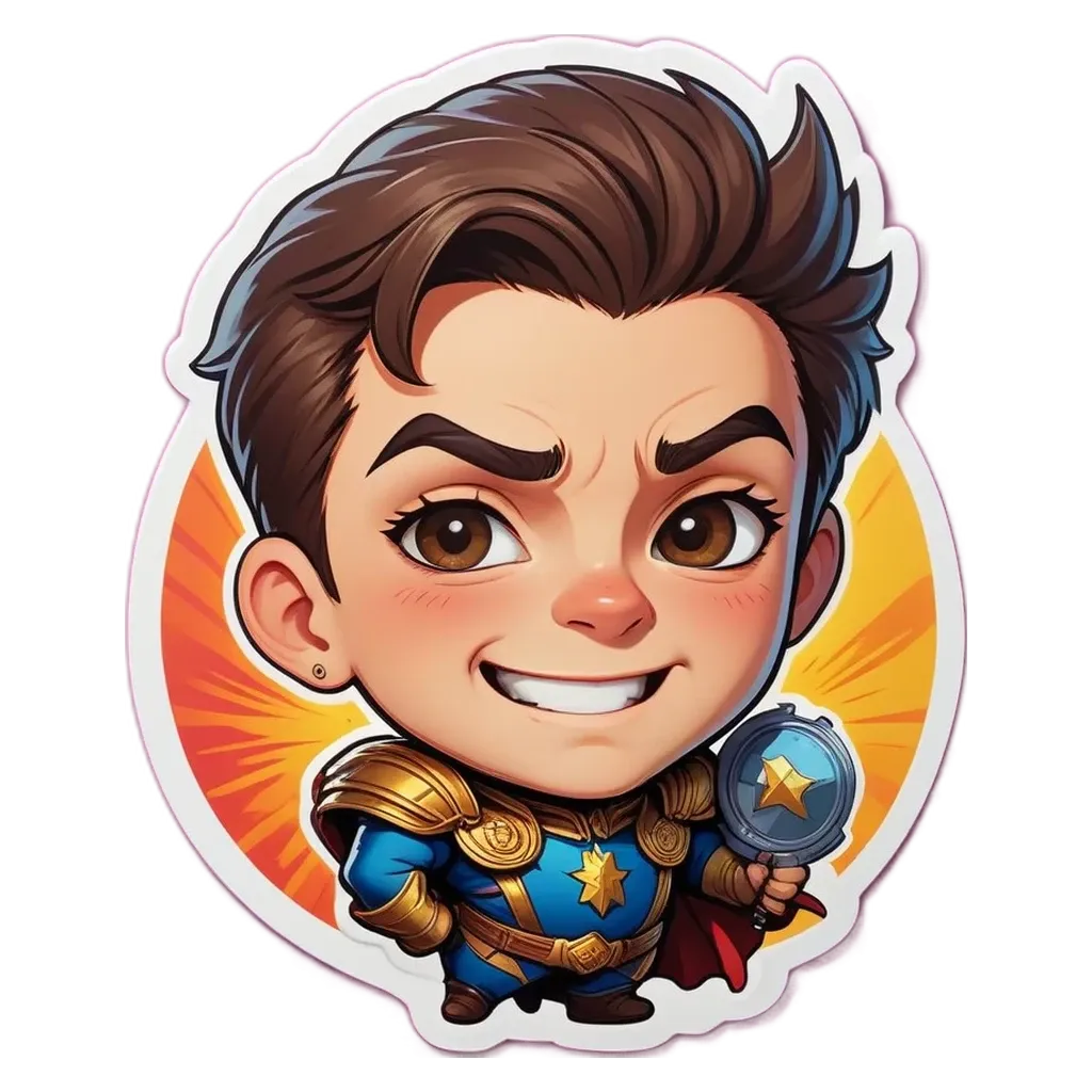 A boy is wearing a blue and gold costume with a shield and a star on his forehead.