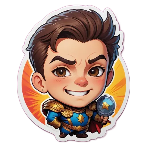 A boy is wearing a blue and gold costume with a shield and a star on his forehead.
