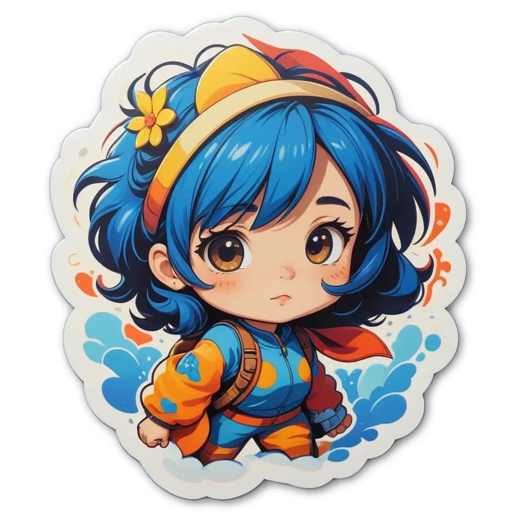 A blue girl with a backpack is looking down.