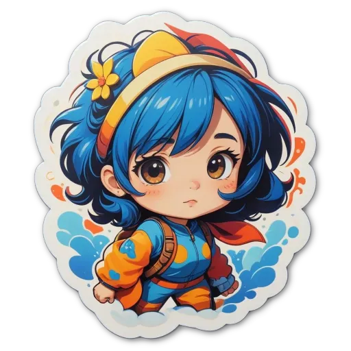 A blue girl with a backpack is looking down.