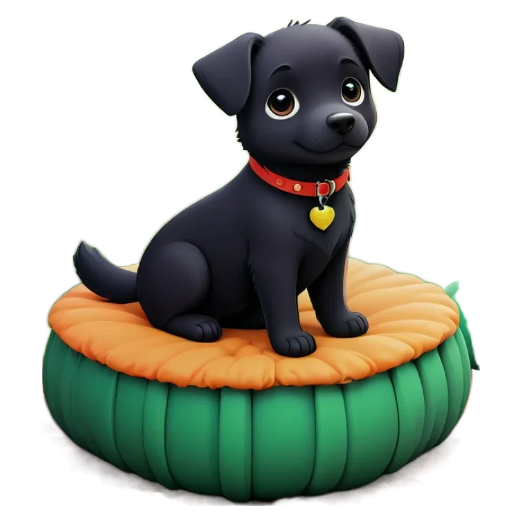 A cartoon dog sitting on a pillow.