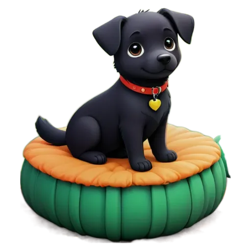 A cartoon dog sitting on a pillow.