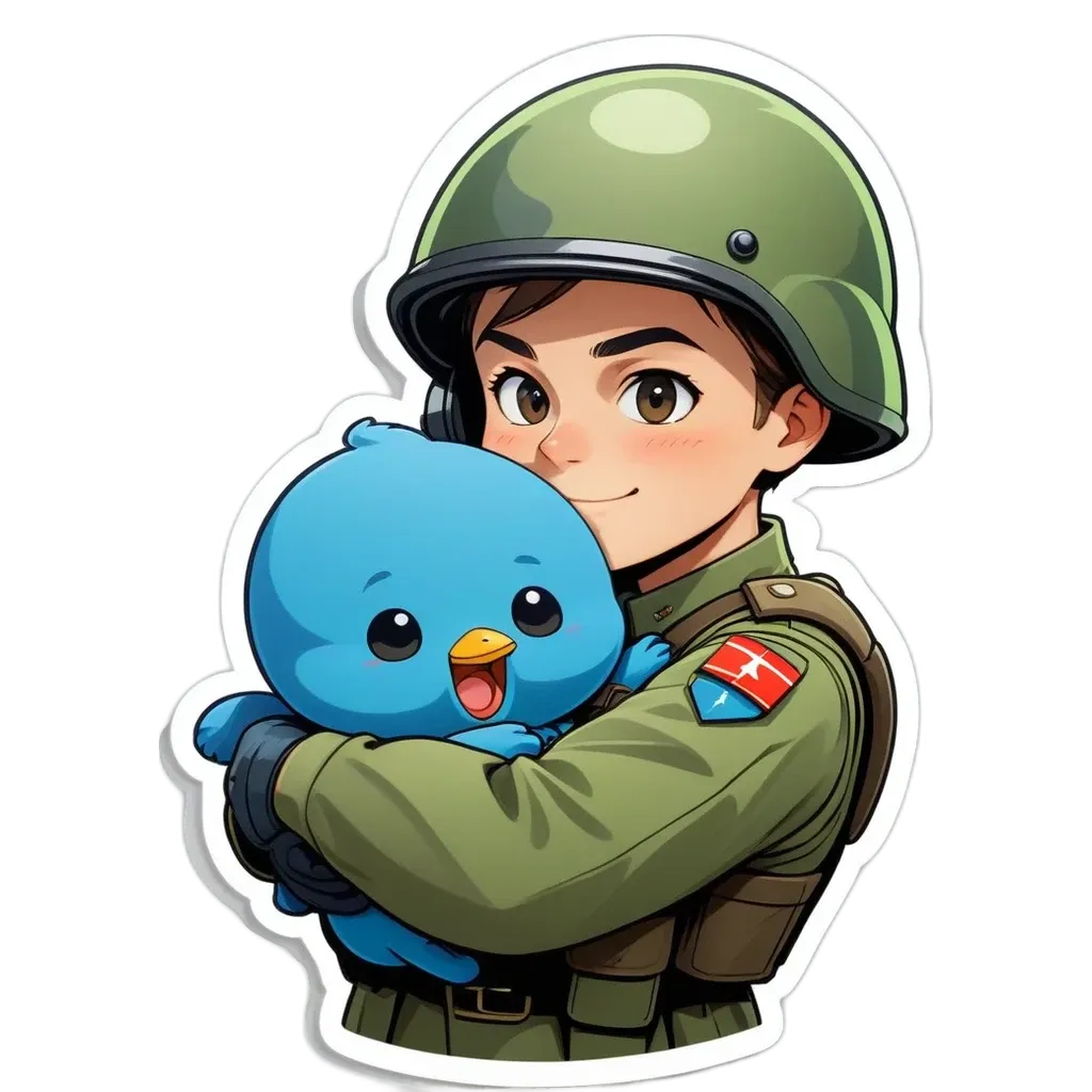 A cartoon image of a boy in a green jacket holding a blue bird.