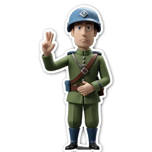 A green figure with a hand waveer is wearing a military uniform.