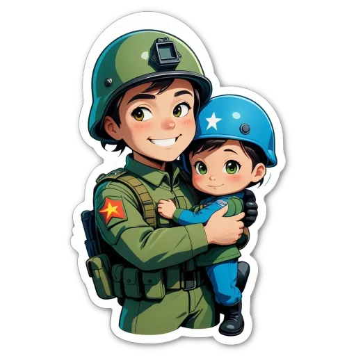 A child wearing a helmet is being held by a soldier.