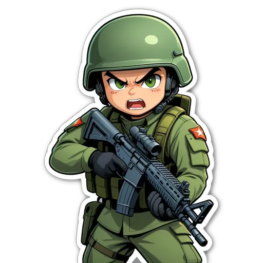 A cartoon depiction of a military man with a gun.