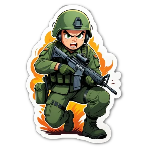 A cartoon depiction of a military man with a rifle.