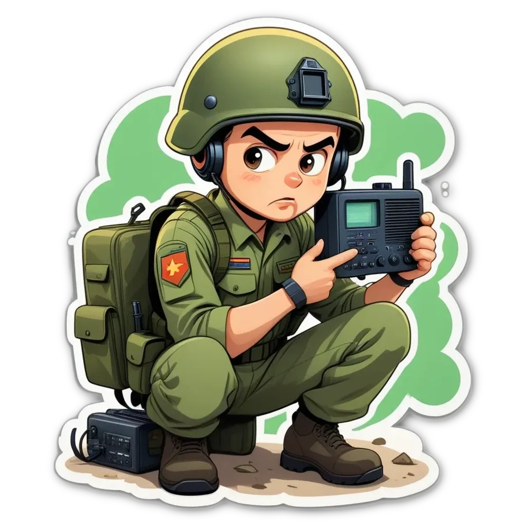 A cartoon depiction of a military man with a walkie talkie.