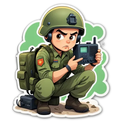 A cartoon depiction of a military man with a walkie talkie.