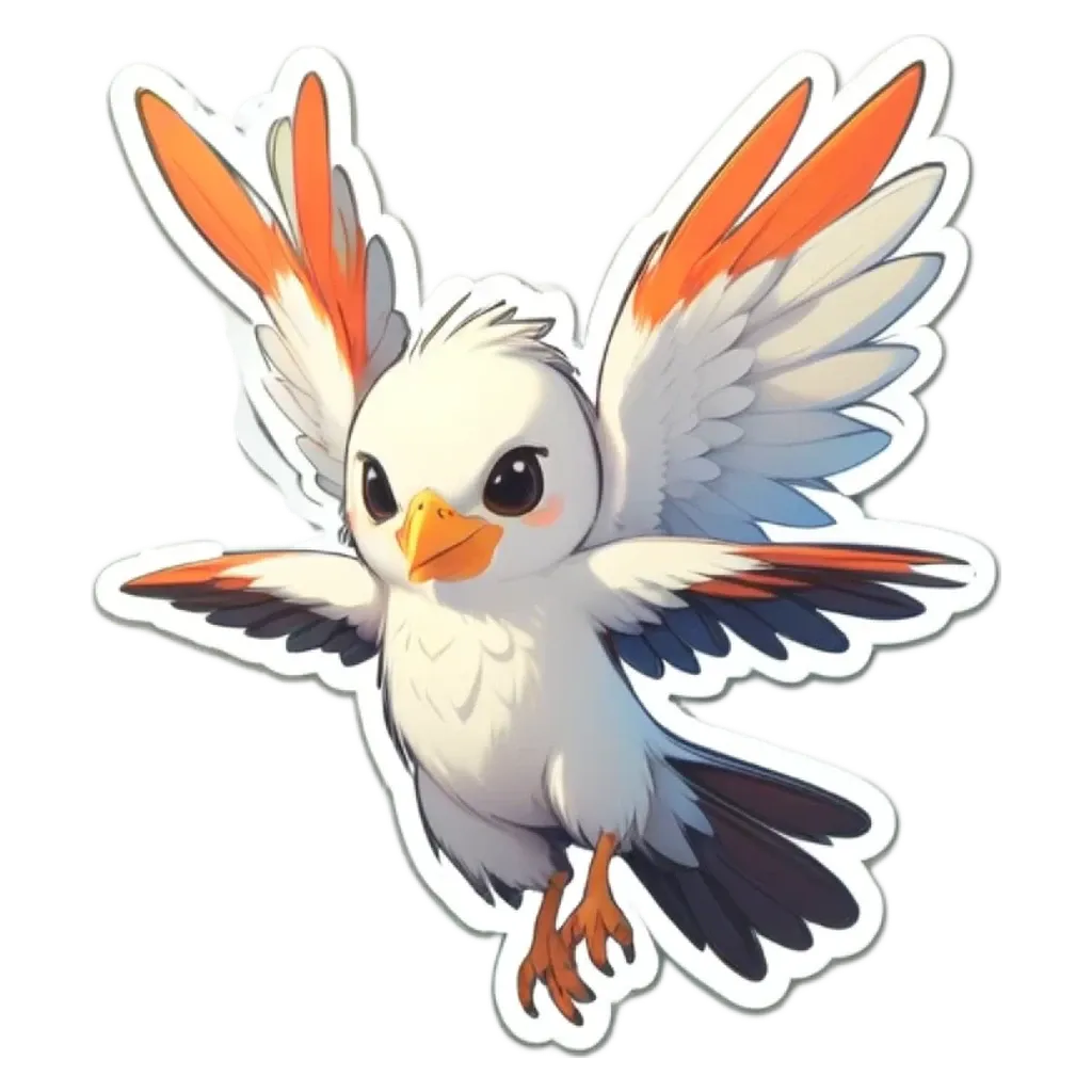 A white and orange bird with wings.