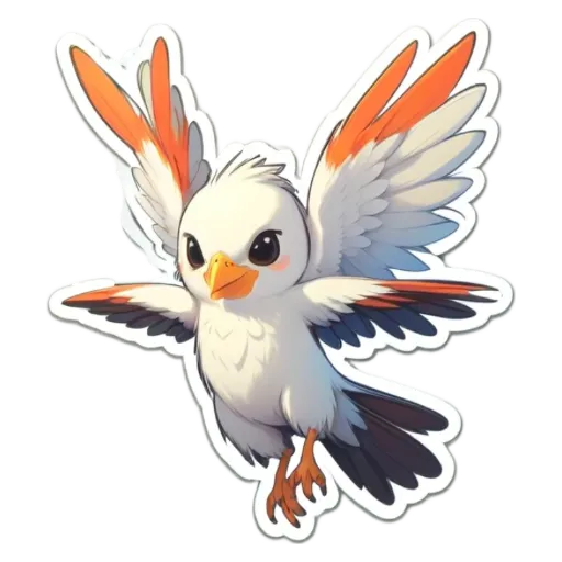 A white and orange bird with wings.