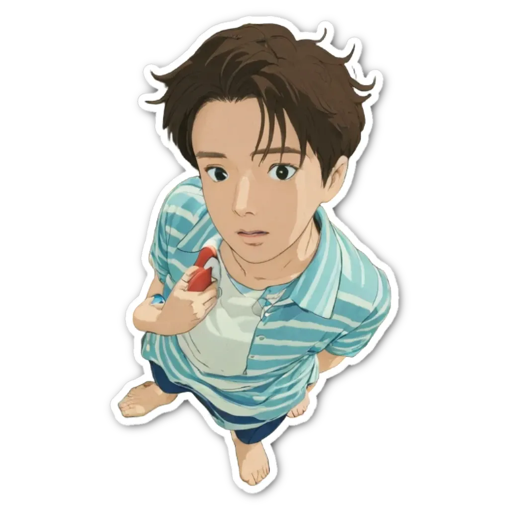 A boy holding an apple with red sticker.