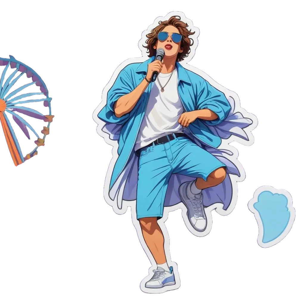 A cartoon depiction of a man singing with a mic and wearing blue shorts.