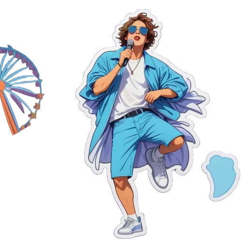 A cartoon depiction of a man singing with a mic and wearing blue shorts.