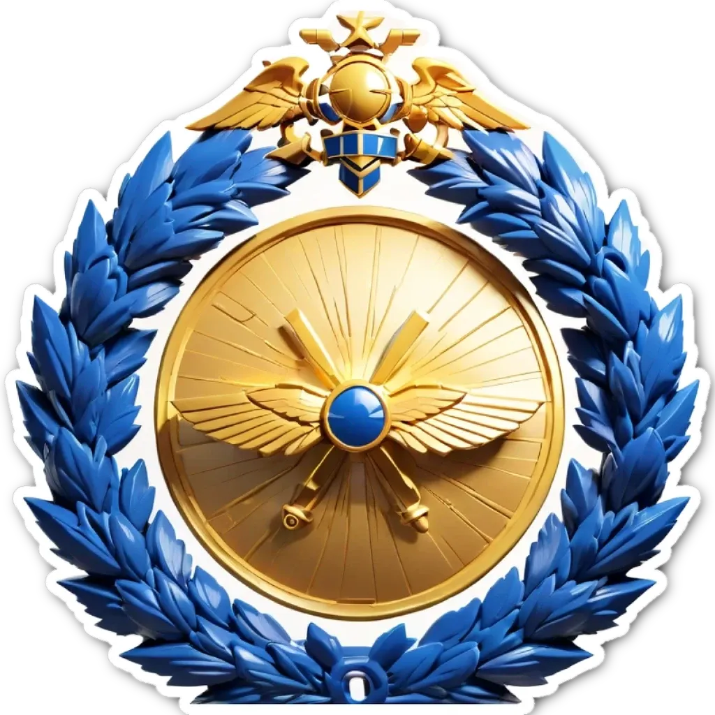 A golden circle with blue wings is in the center of a gold circle with blue letters.