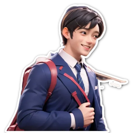 A boy wearing a suit and carrying a backpack.