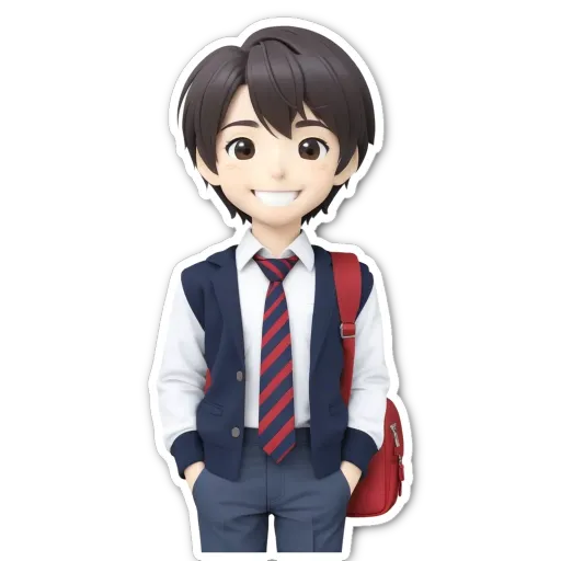 A boy wearing a tie and jacket is standing with his hands in his pockets.