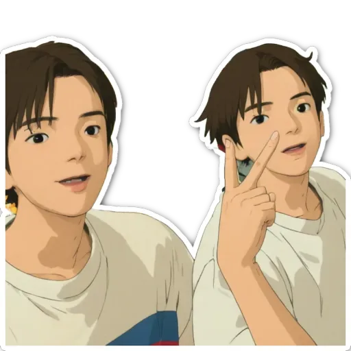 A boy making a peace sign is shown twice as large as him.